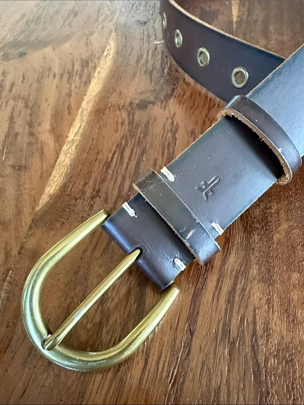 Frye Brown Leather Grommet Belt with Brass Buckle